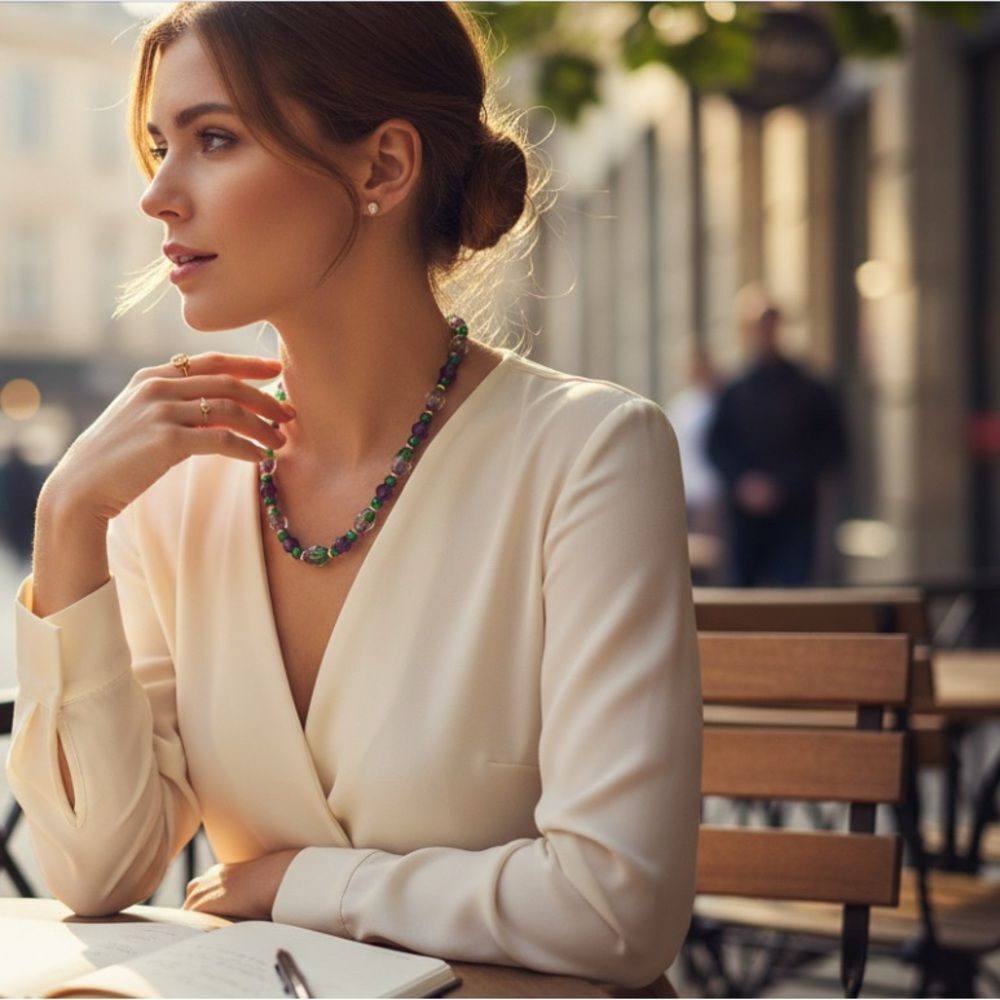 Vintage Green & Purple Art Glass Bead Necklace Gold Accents